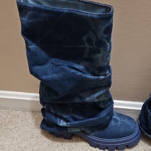 Blue Velvet Slouch Boots